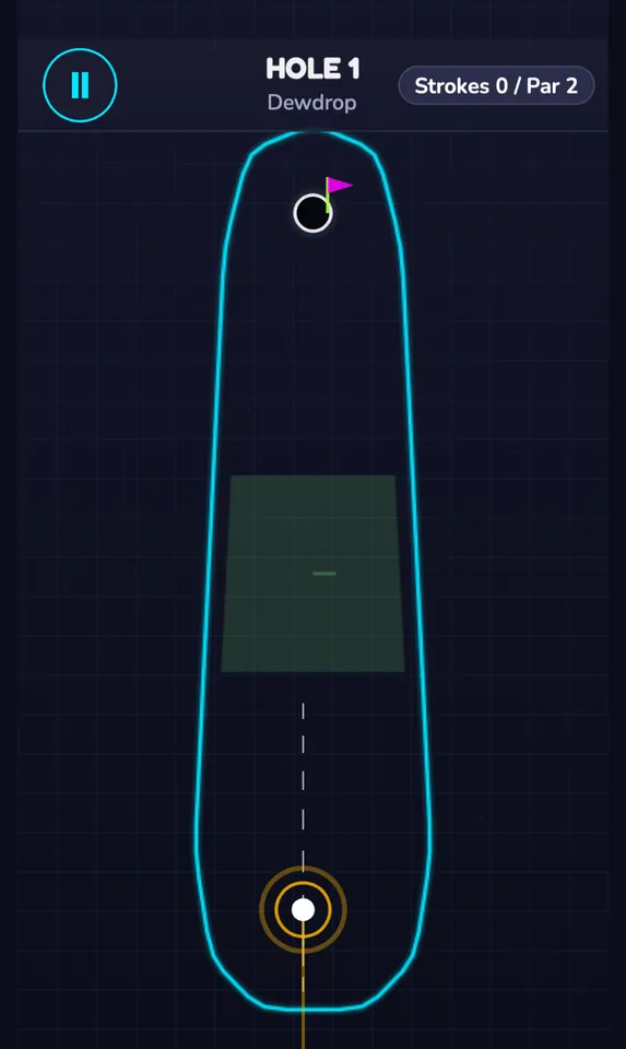 Putt Drop, hole 1 (Dewdrop): aiming a putt up a narrow neon fairway